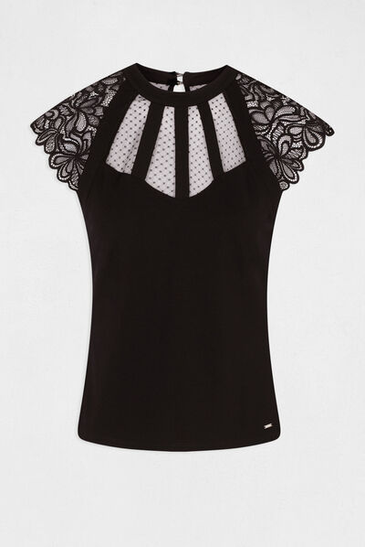Short-sleeved t-shirt with lace black ladies'