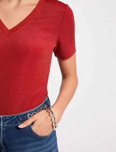 Short-sleeved t-shirt with V-neck dark orange women