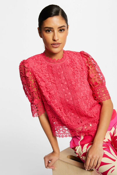 Short-sleeved blouse with lace medium pink ladies'