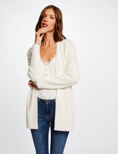 Long cardigan with fluffy knit ivory ladies'