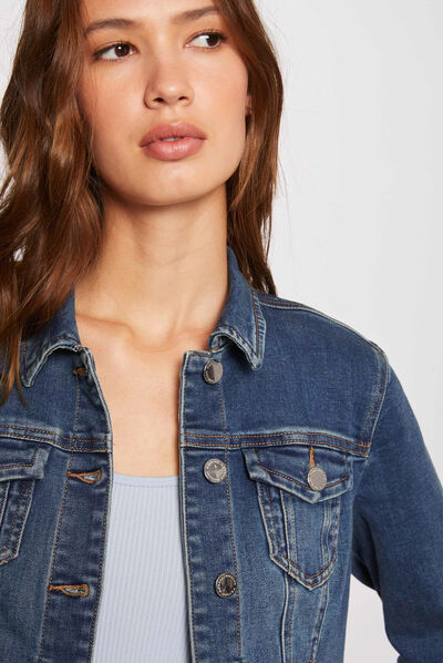 Straight buttoned denim jacket stone denim ladies'