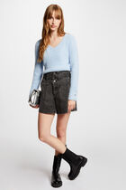 Pull manches longues avec col en V bleu femme