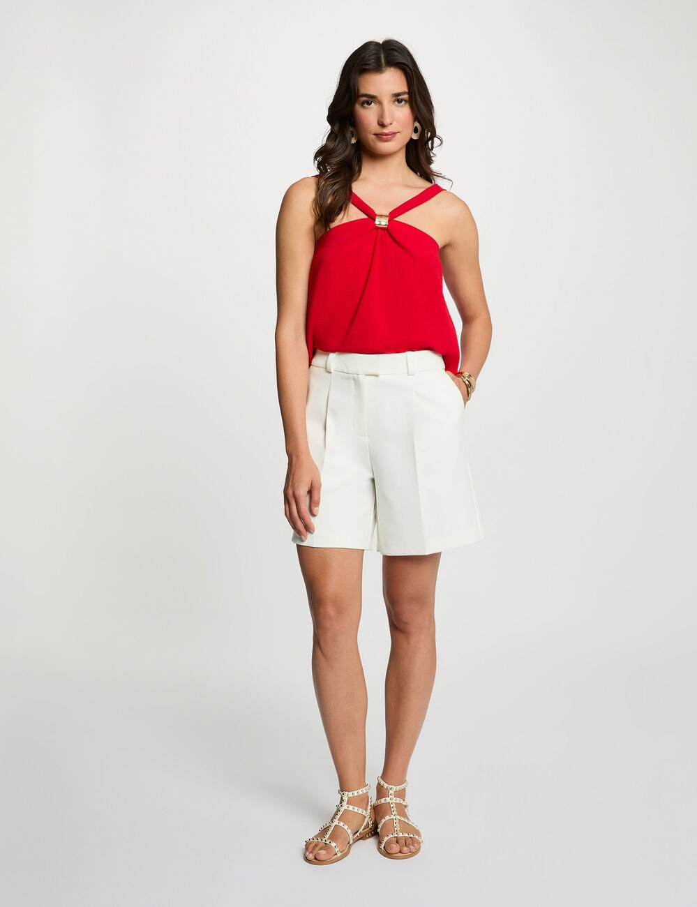 Pleated high neck top red women
