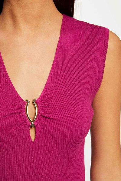Short-sleeved jumper jewel detail neck raspberry ladies'