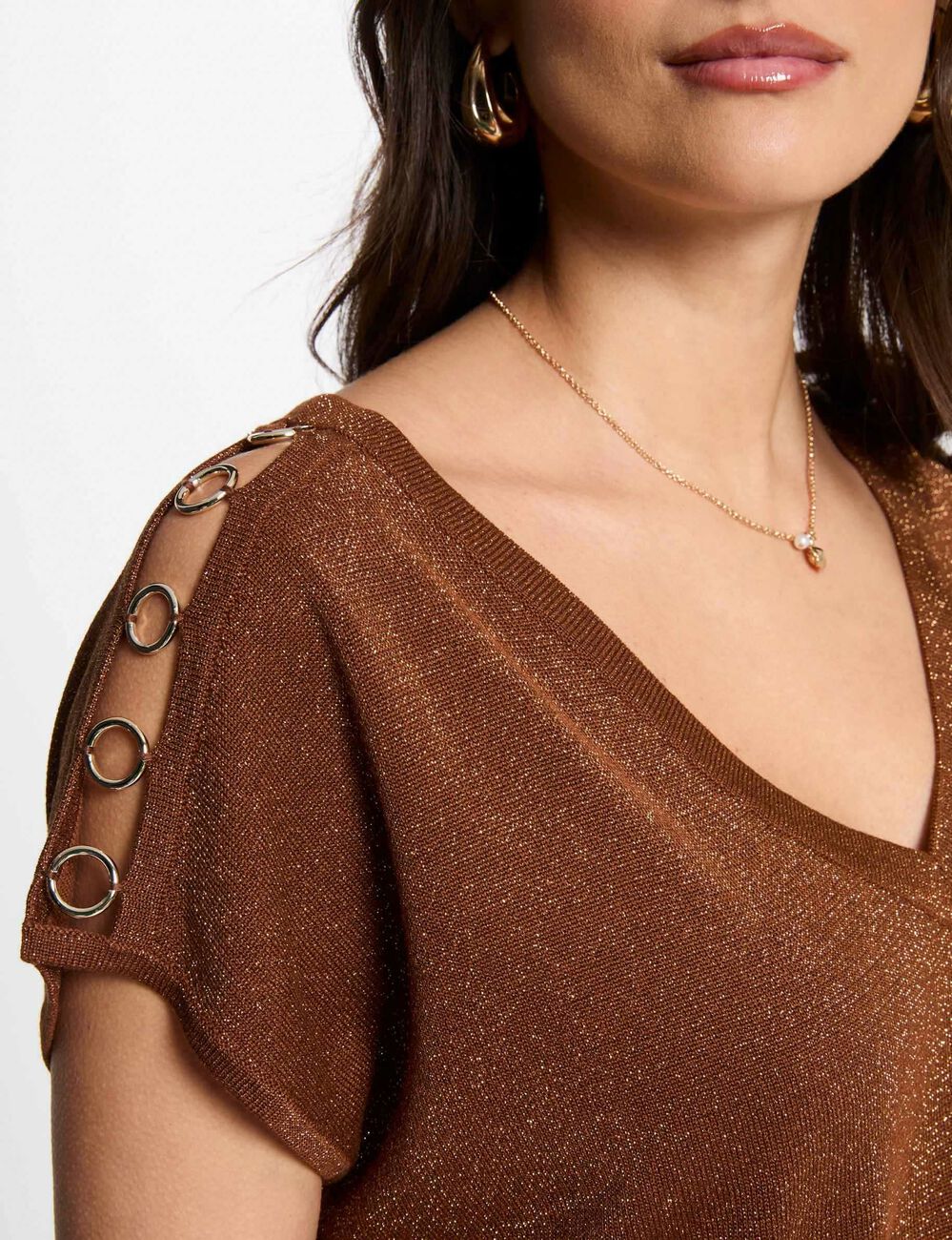 Jumper V-neck short sleeves cognac brown women