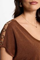 Jumper V-neck short sleeves cognac brown women
