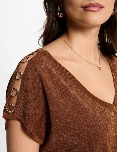 Jumper V-neck short sleeves cognac brown women