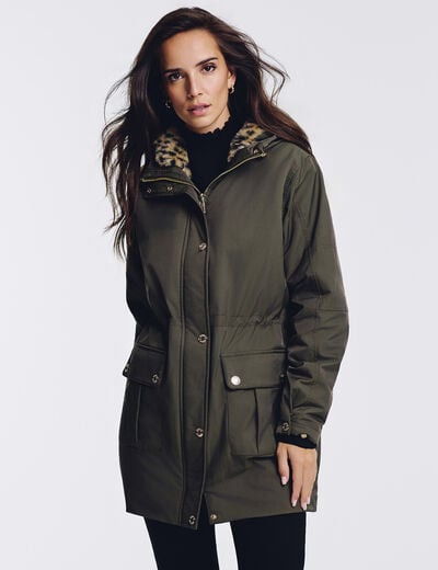 Long parka with faux fur khaki green women