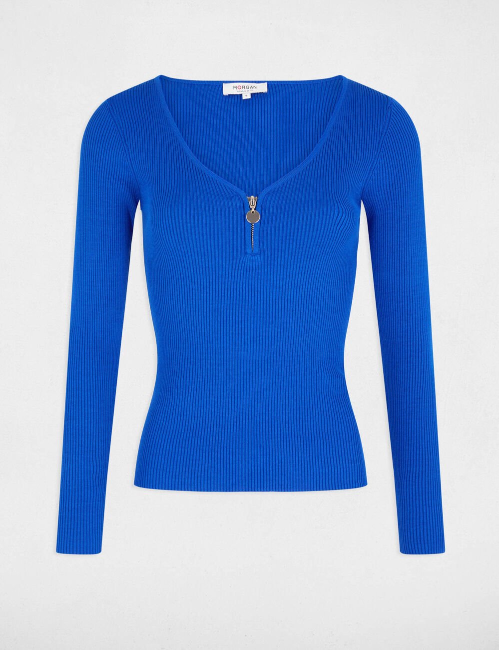 Pull manches longues côtelé détail zippé bleu femme
