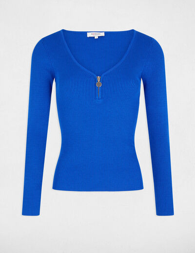 Long-sleeved ribbed jumper zipped detail blue women