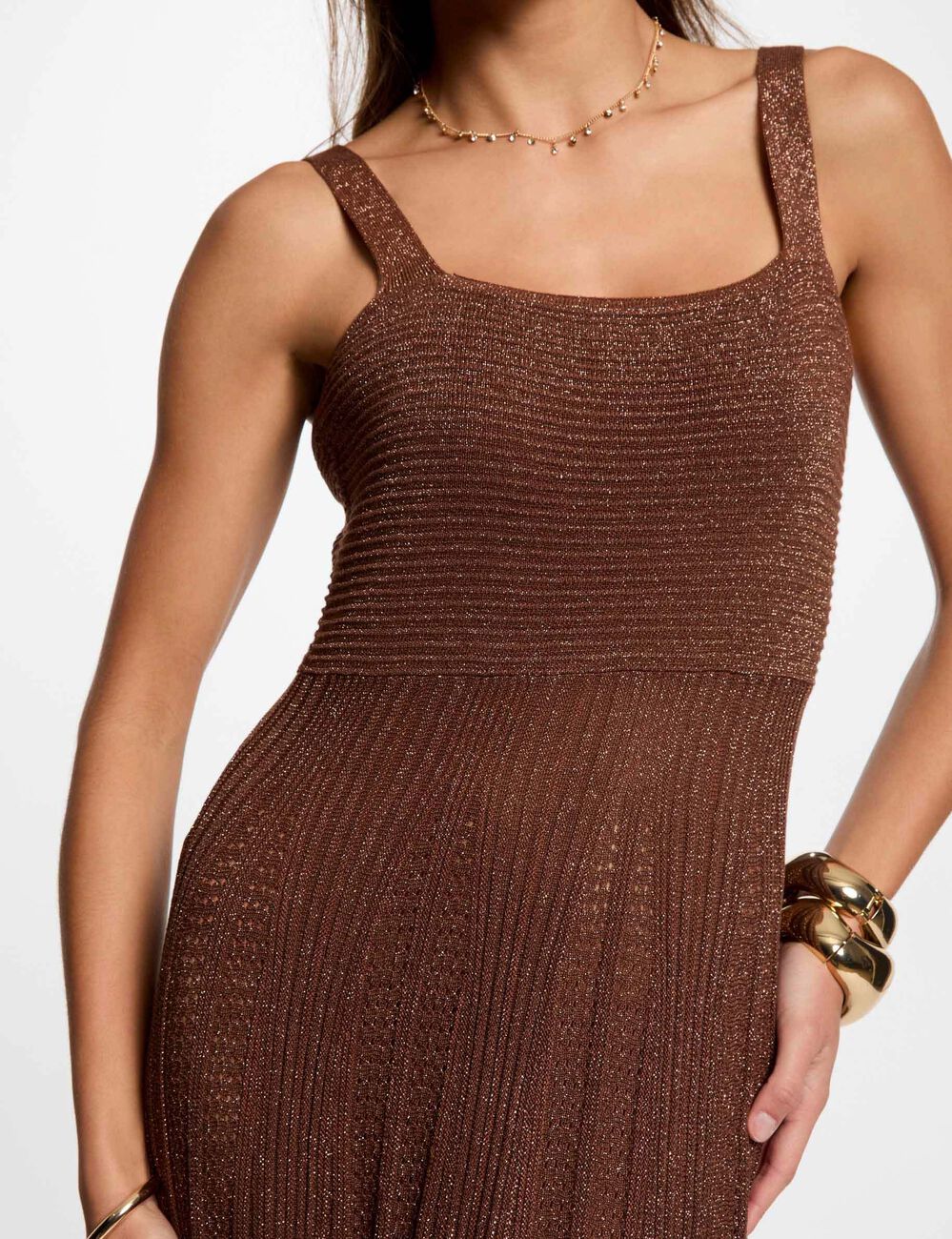 Robe tricot longue droite marron cognac femme