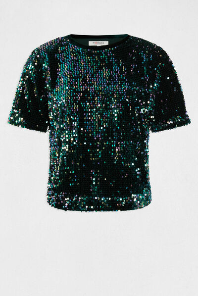 Short-sleeved t-shirt with sequins dark green ladies'