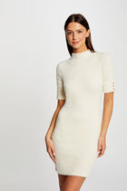 Robe pull ajustée manches courtes ivoire femme