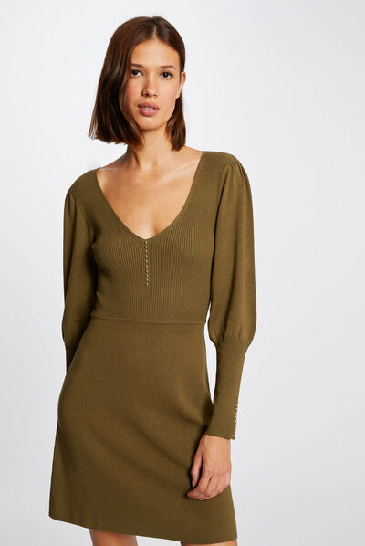 Skater jumper dress with V-neck mid-green ladies'