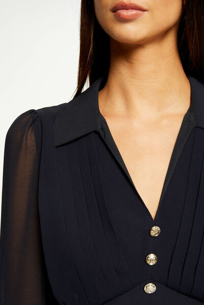 Long-sleeved blouse with pleats navy ladies'