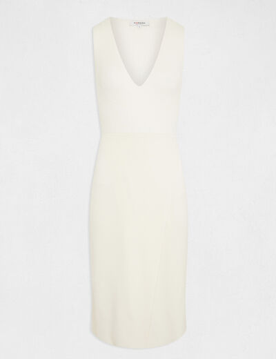 Fitted midi jumper dress with V-neck ivory ladies'