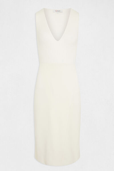 Fitted midi jumper dress with V-neck ivory ladies'