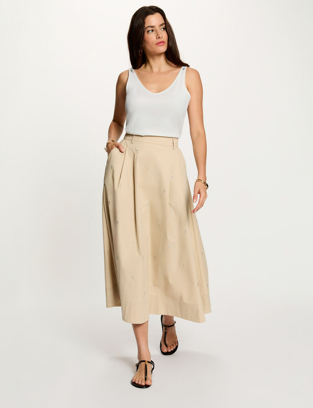 High-waisted long skirt beige women