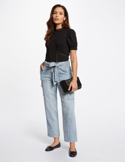 Belted high-waisted wide leg jeans jean bleached ladies'