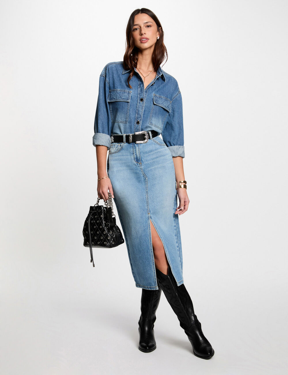 Jupe midi droite en jean denim stone femme