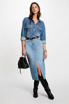 Jupe midi droite en jean denim stone femme