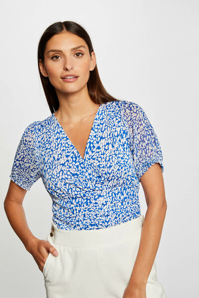 Short-sleeved t-shirt abstract print blue ladies'