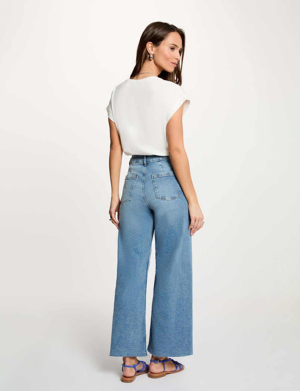 High-waisted wide-leg jeans heavy stone wash denim women