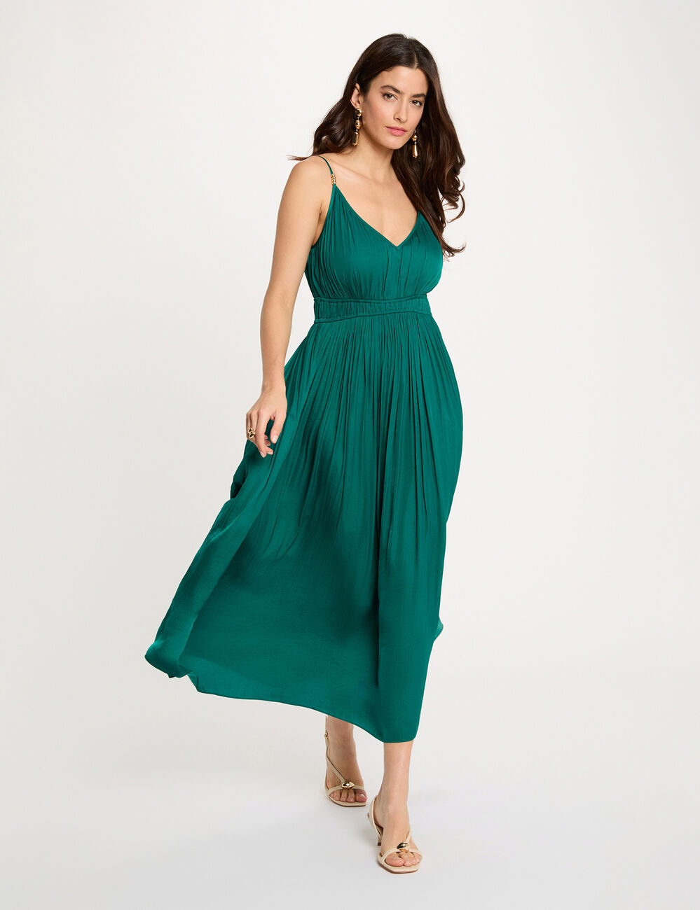 Pleated straight midi dress green women