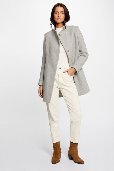Waisted coat with jewelled details light grey ladies'