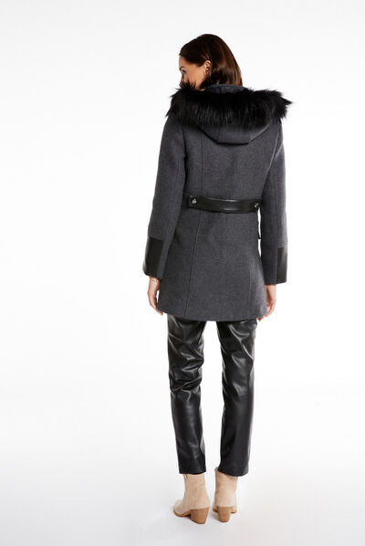 Straight zipped coat with hood anthracite grey ladies'