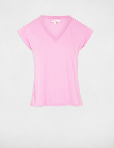 Short-sleeved t-shirt with V-neck pink women