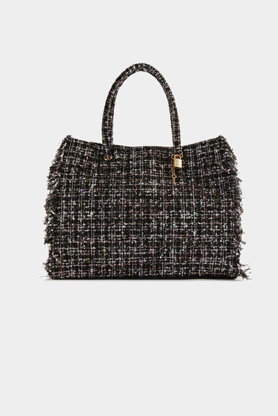 Rectangular shopper bag with fringes black ladies'