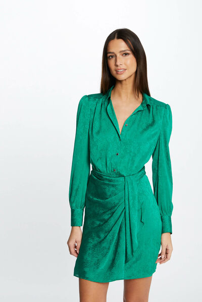 Printed satin draped straight dress green ladies'