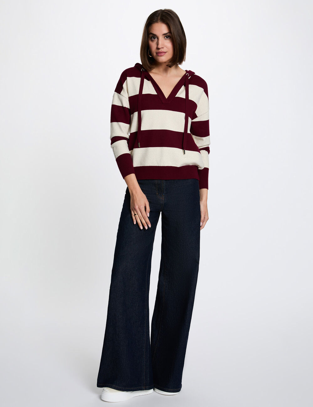 Striped sweater with hood bordeaux women