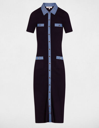 Fitted midi knitted dress navy blue women