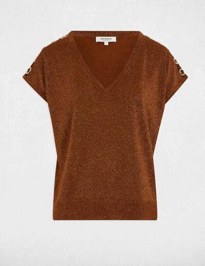 Jumper V-neck short sleeves cognac brown women