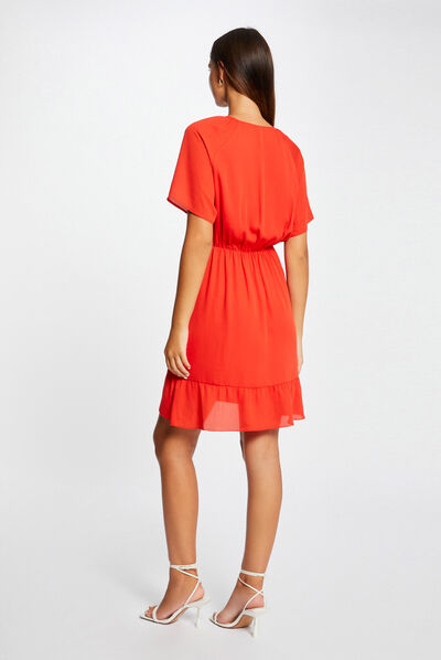 Shirred waisted dress wrap-over neckline red ladies'