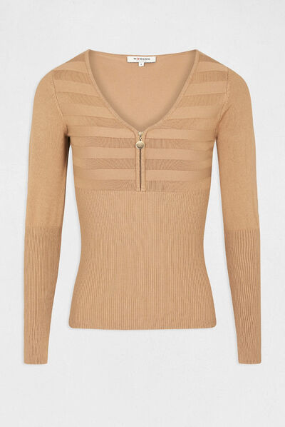 Long-sleeved jumper with zipped detail camel ladies'