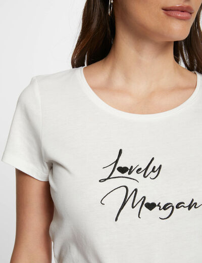 T-shirt embroidered message ecru women