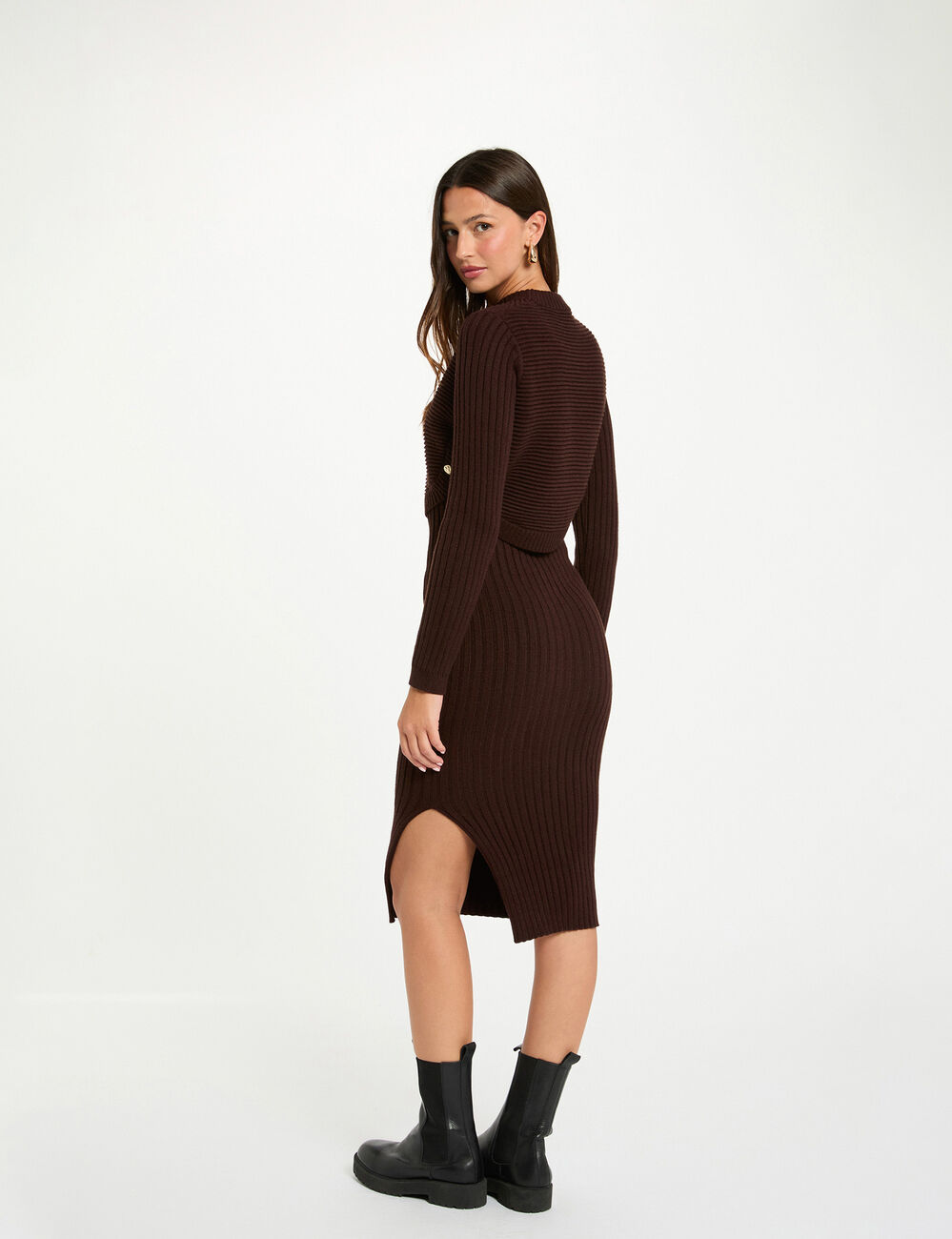 Fitted knit dress with long sleeves dark brown women