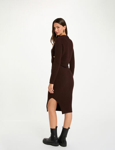 Fitted knit dress with long sleeves dark brown women