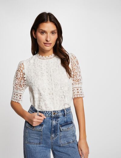 Short-sleeved blouse with lace ivory women