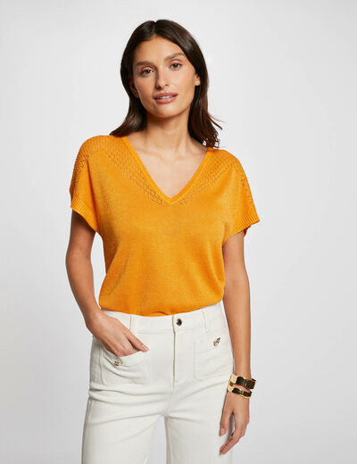 Jumper V-neck short sleeves orange women