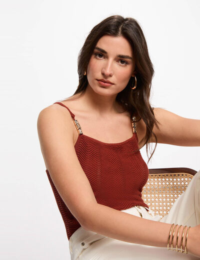 Knitted top thin straps cognac brown women