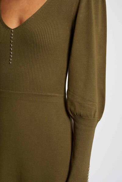 Skater jumper dress with V-neck mid-green ladies'