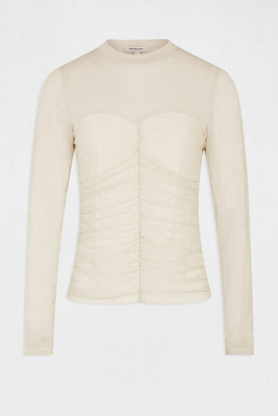 Long-sleeved t-shirt with shirring ivory ladies'