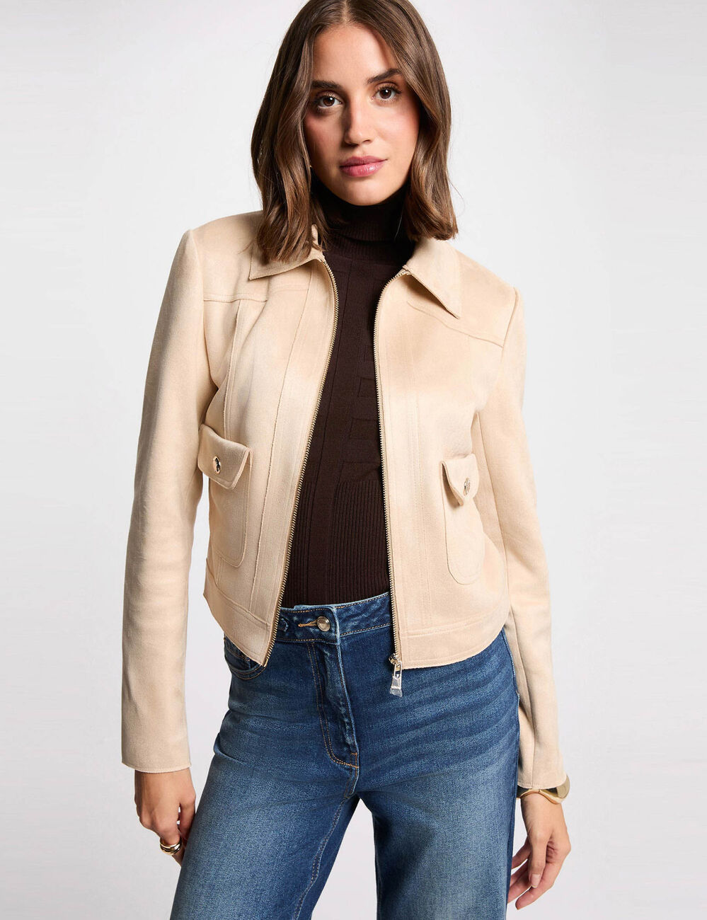 Short suede jacket light brown women
