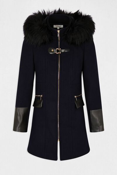 Straight zipped coat with hood navy ladies'