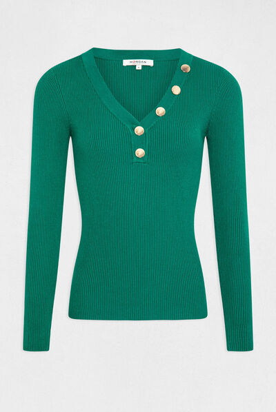 Long-sleeved jumper buttons fine knit green ladies'