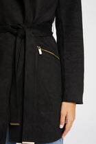 Belted long suede coat black women